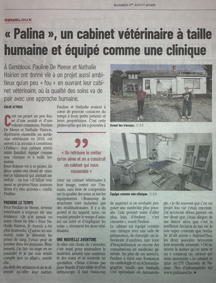 Le Cabinet Vétérinaire Palina à Gembloux dans Sudinfo Article de Sudinfo consacré au Cabinet Vétérinaire Palina à Gembloux